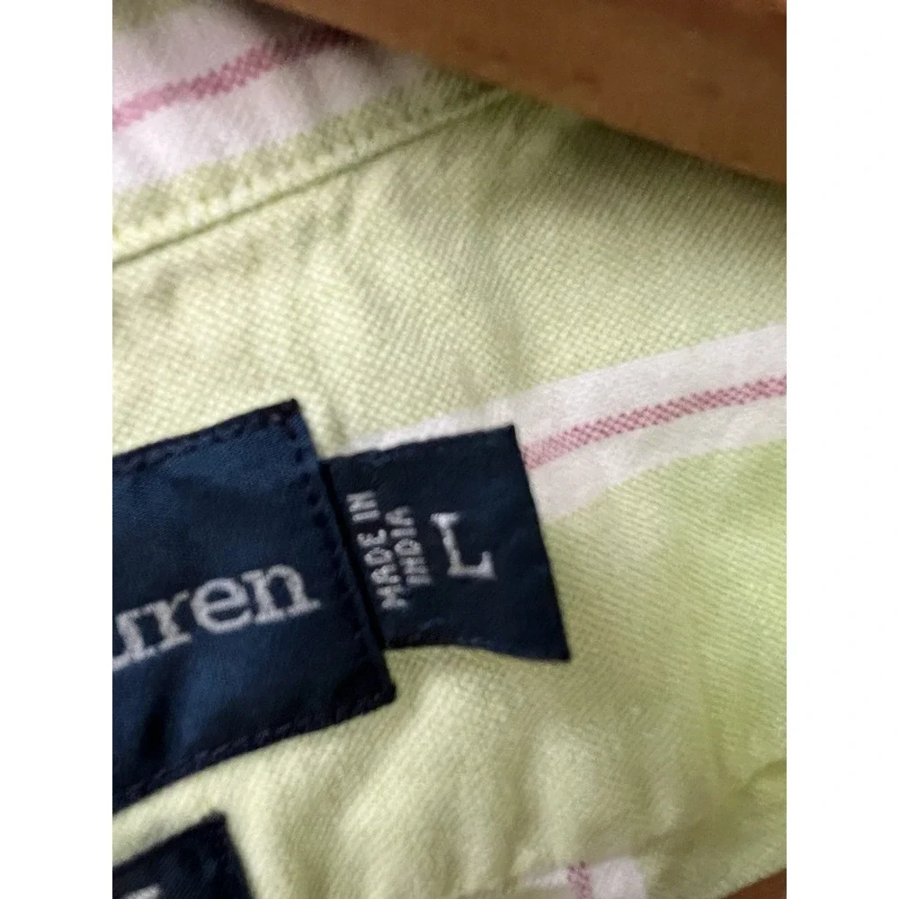 Ralph Lauren Shirt Mens L Green Stripe Oxford Classic Fit Button Down Flesh Pony